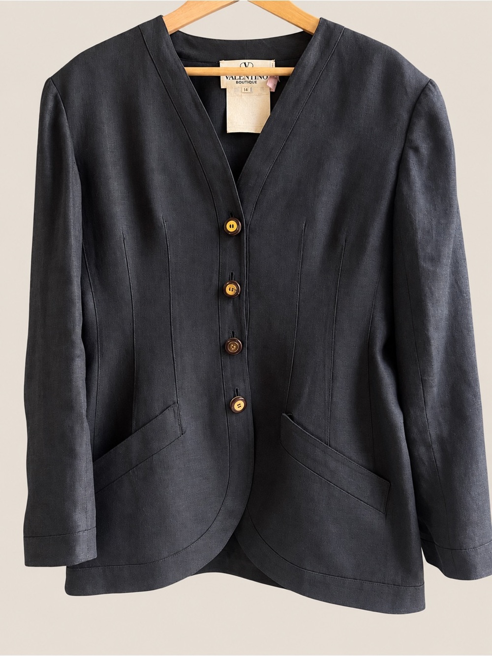 Vintage Valentino Boutique Midnight Blue Linen Blazer Made in Italy Size 14